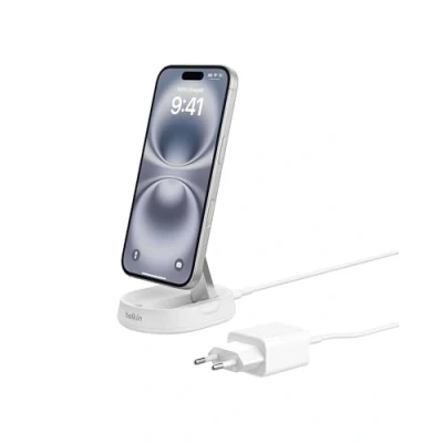 Afbeelding van Belkin Convertible Qi2 15w Magnetic Charging Stand Met Oplader Wit Geschikt Voor Magsafe Draadloze