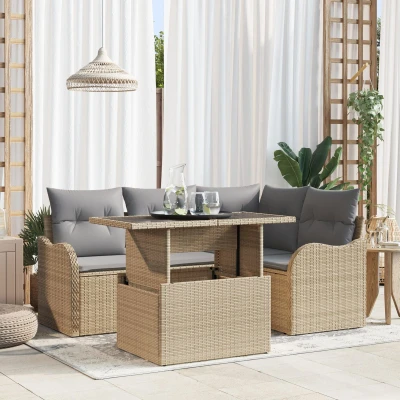 Afbeelding van vidaXL 5 delige tuinbankset met kussens in beige poly riet