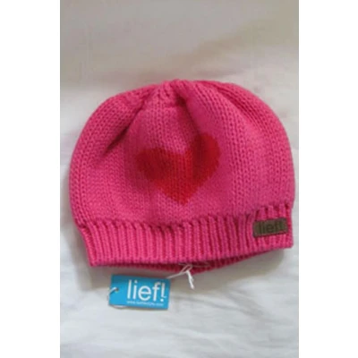 Afbeelding van Lief! gebreide muts fuchsia roze met rood hart, maat M
