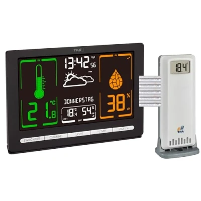 Afbeelding van TFA Dostmann Digitaal draadloos weerstation METEOchrome, 35.1132, goed afleesbaar VA display, weersvoorspelling, buitensensor, temperatuur en luchtvochtigheidsmeter, radioklok, datum (zwart met