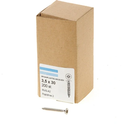 Afbeelding van spaanplaatschroeven RVS platverzonken kop PZ2 voldraad 3.5X30 (per 200 stuks)