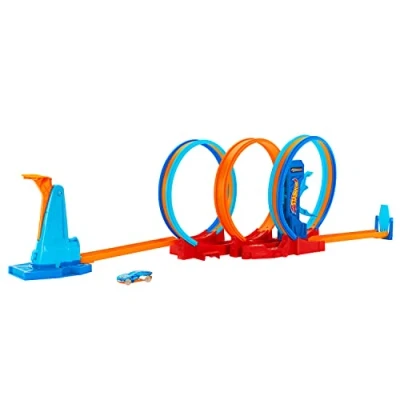 Afbeelding van Hot Wheels HPX93 Ultrahots drievoudige loopbaan speelset met 3 loops en 1 auto op schaal 1:64, aansluitbaar andere sets, inklapbaar voor opslag, speelgoed kinderen vanaf 4 jaar