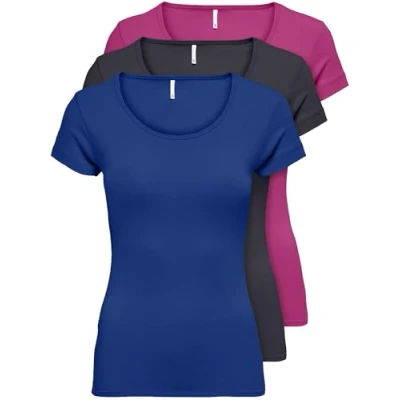 Afbeelding van ONLY 15209153 Dames T shirt met korte mouwen, lange basic zomer shirts, maten XS / S M L XL, zwart of wit, set van 3 stuks, Kleurmix 4,