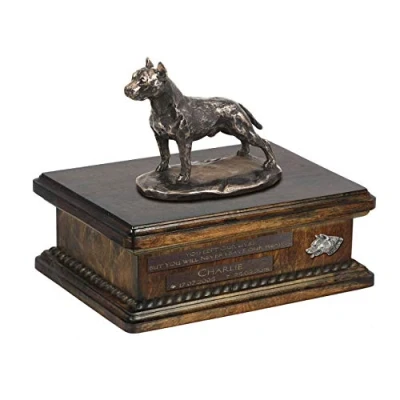 Afbeelding van Art Dog Custom Sitting Statue Memorial Urn Handgemaakt koud gegoten brons op berkenhouten voet 8,3x11,4x8,7 5l Amerikaanse Staffordshireterriër
