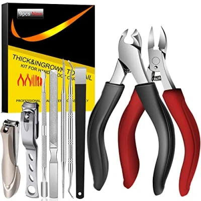 Afbeelding van Professionele teennageltang, super scherpe nageltang voor dikke en ingegroeide sterke teennagels, roestvrij staal, pedicure, voetverzorging, nagelknipper, 9 delige set nagelschaar met nagelvijl