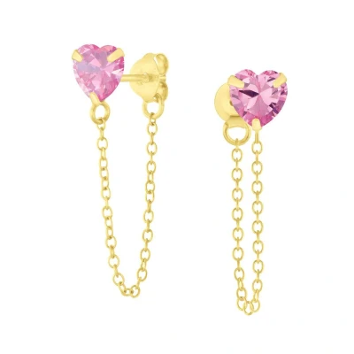 Afbeelding van JoyS Zilveren hartje oorbellen kettinkje roze zirkonia 14k goudplating