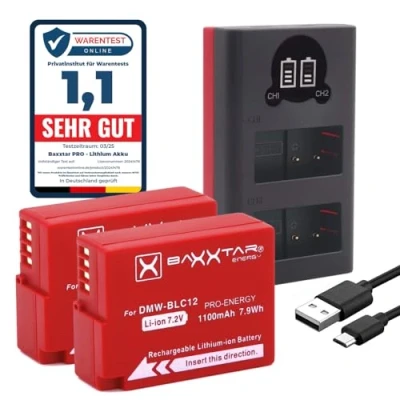 Afbeelding van Baxxtar Pro (2X) vervanging voor batterij Panasonic DMW BLC12 E met Mini 18622 LCD DUAL lader (ingang USB C en MicroUSB)