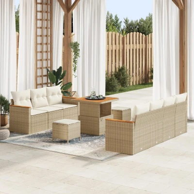Afbeelding van vidaXL 10 delige Tuin Sofa Set met Kussens Beige Poly Rattan Acacia, 3 Eetset Acacia