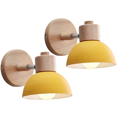 Afbeelding van iDEGU Industriële wandlamp, vintage, 15 cm, verstelbaar, van hout, metaal, retro, E27, wandlamp voor binnen, slaapkamer, woonkamer, hal, restaurant (2 stuks, geel)