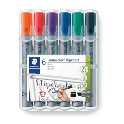 Afbeelding van STAEDTLER Flipchart Marker Lumocolor, wigvormige punt ca. 2,0 5,0 mm lijnbreedte, lange levensduur, navulbaar, reukloos, hoge kwaliteit, Made in Germany, set van 6 kleuren, 356 B WP6