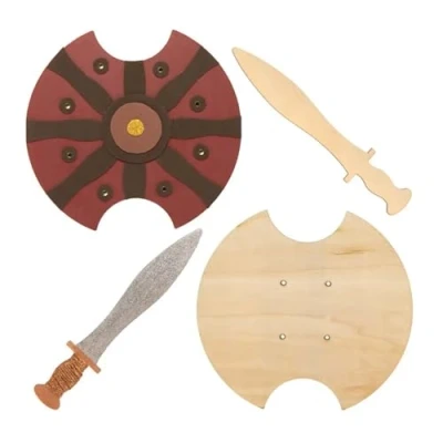 Afbeelding van Baker Ross FE458 Gladiator Houten Zwaard en Schild Pak van 2, om te Versieren, Verf je Eigen voor Kinderen, Verkleedkleding Kinderen
