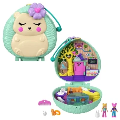 Afbeelding van Polly Pocket Egelcafé Compacte Speelkoffer, met café en huisdieren als thema, micropoppen vriendinnetje, 2 dierenfiguurtjes (1 poes een echte staart), voor kinderen vanaf 4 jaar, GTN15