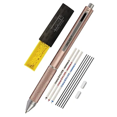 Afbeelding van Nonlinne multipen 4 in 1 roségoud, balpen &amp; potlood, multifunctionele pen, metaal, 3 x balpenvulling blauw, zwart, rood, vulpotloodvulling, incl. gum, geschenkdoos