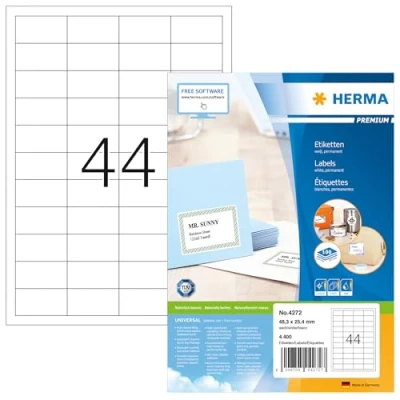 Afbeelding van HERMA 4272 universele etiketten A4 klein (48,3 x 25,4 mm, 100 velle, papier, mat) zelfklevend, bedrukbaar, permanente klevende adreslabels, 4.400 voor printer, wit