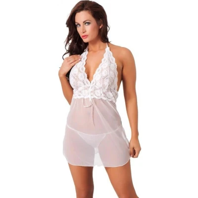 Afbeelding van Amorable by Rimba Transparant mini jurkje met kanten bovenlijfje plus string wit