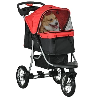 Afbeelding van PawHut Hondentrolley hondenbuggy katten PetStroller met 3 wielen opvouwbaar Oxford rood D00 108