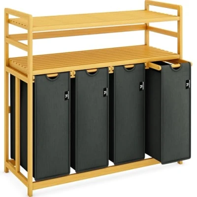 Afbeelding van AdelDream Premium wasmand 200 liter, wassorteerder met 4 vakken en 2 planken, bamboe uittrekbare afneembare waszak, grijs