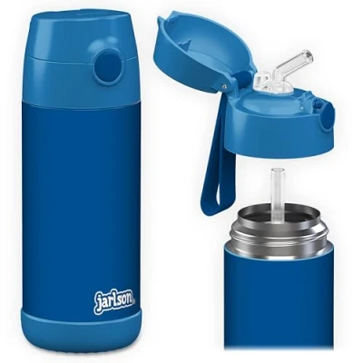 Afbeelding van JARLSON® Charli Drinkfles voor kinderen, roestvrij staal, met rietje, 350 ml, TÜV getest, BPA vrij, lekvrij, thermosfles school en kleuterschool, blauw, ml