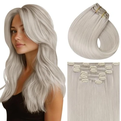 Afbeelding van Vivien clip in extensies, echt Remy haar, platinablond, haarverlenging, blond #60, 35 cm, 120 g, 7 stuks