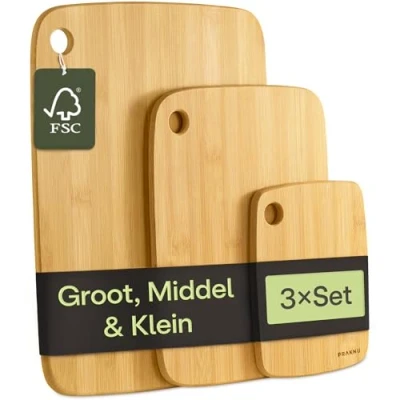 Afbeelding van houten snijplank set van 3 Splintervrije plank gemaakt bamboe Met ophanggat verschillende maten