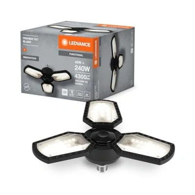 Afbeelding van LEDVANCE Highbay Blade ceiling lamp in black, aluminium, with adjustable light wings, offers 40 W or 4,300 lm neutral white 4,000 K, E27 screw thread, 337.5 mm diameter, IP20