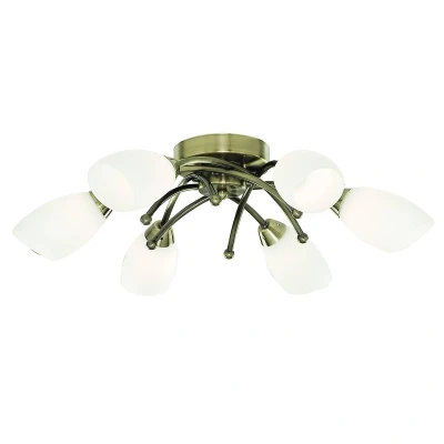 Afbeelding van Searchlight Lighting Opera 6 Licht Flush Multi Arm Plafondlamp Antiek Messing en Opaal Glas, G9