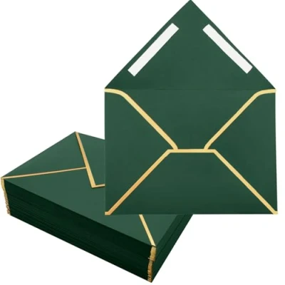 Afbeelding van 50 stuks groene enveloppen, 18,3 x 13,3 cm, uitnodigingsenveloppen zelfklevende V klep, folierand, luxe enveloppen voor bruiloft, uitnodigingen, babyshower, verjaardag