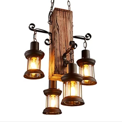 Afbeelding van Rustieke Hanglamp Vintage Bar Retro Persoonlijkheid Woonkamer Hout Metaal E27 Verstelbare Hoogte Industriële Eetkamer Plafondlamp Kroonluchter, 4 *