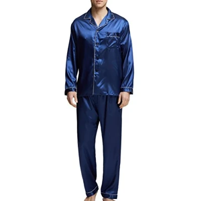 Afbeelding van Satijnen pyjama voor heren, nachtkleding, loungewear, Blauw met witte bies, L