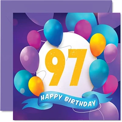 Afbeelding van 97e verjaardagskaart voor mannen en vrouwen ballonfeest gelukkige verjaardagskaarten 97 jarige man vrouw overgrootvader opa oma nanny mama papa, 145 mm x cadeau