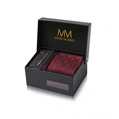 Afbeelding van Stropdas set Wijn Rood Vierkant Patroon met manchetknopen, pochet en dasspeld luxe stropdassen voor heren in Geschenkdoos Mens tie Donkerrood