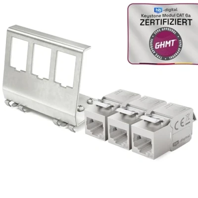 Afbeelding van hb digital Set: 3 x CAT.6a keystone RJ45 module + 1x DIN railadapter, metalen houder voor rail 35 mm standaard, jack, afgeschermd, roestvrij staal, LSA montage, ethernet, LAN,