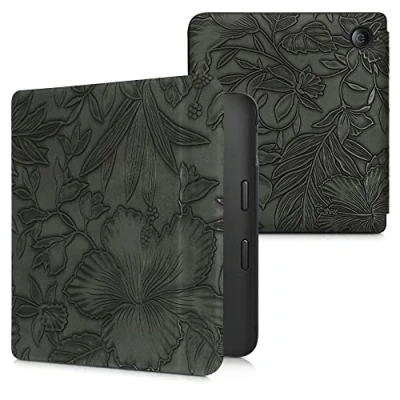 Afbeelding van kwmobile E reader hoesje geschikt voor Kobo Libra 2 hoes flip case met magnetische sluiting Ereader cover Bloemen in reliëf design groen