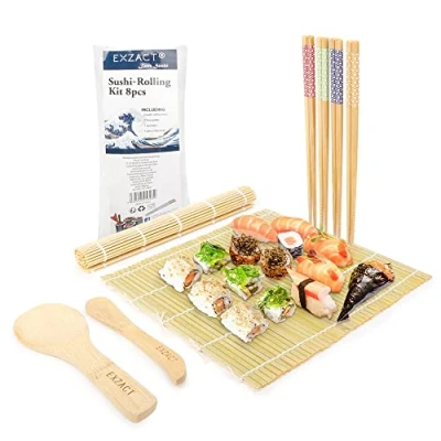 Afbeelding van EXZACT Sushi rolmattenset 8pcs Maker 2 x rolmatt 1 Rijstpeddel, Rijstspreader, 4 paar Eetstokjes