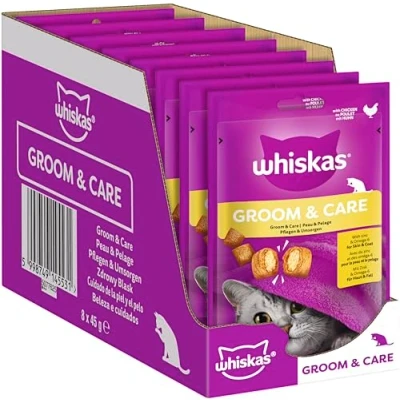 Afbeelding van Whiskas Groom &amp; Care kattensnacks in portiezak voor volwassen katten met kip, 8 x 45 g