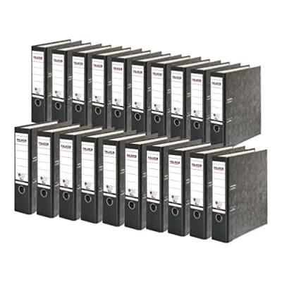 Afbeelding van FALKEN 20 stuks gerecyclede mappen Cloud Marble. Gemaakt in Duitsland. 8 cm breed DIN A4 zwart rug ringband map briefomslag kantoormap kartonnen CO2 neutraal Blauwe Engel