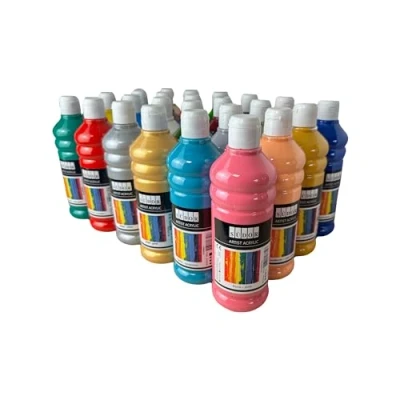 Afbeelding van ACRYLVERF SET. 24 kleuren van elk 500 ml. Sterk gepigmenteerde en dekkende kunstenaarsverven voor canvas, gieten, hout, steen, papier, stof, metaal, enz. Allesverven. x 500ml