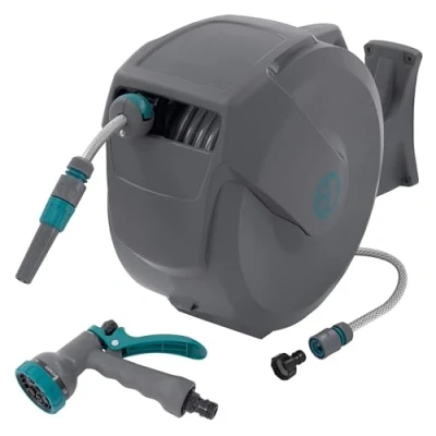Afbeelding van ECD Germany Tuinslanghaspel 30m+2m Muurgemonteerde Slanghouder met RollUp Functie Vergrendelingssysteem en 9 Sproeistanden 180 Zwenkbaar Automatische Waterslangbox voor Wandbevestiging