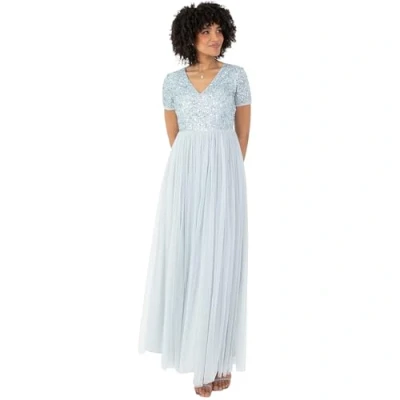 Afbeelding van Maya Deluxe Dames V hals verfraaid maxi jurk korte mouw Empire taille Prom afstuderen bruidsmeisje bruiloft gast, IJsblauw, 12, 38