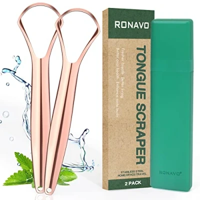 Afbeelding van Ronavo Tongschraper (2 stuks), roestvrij stalen tongreiniger, 100% BPA vrij, metalen tongschrapers, frisse adem in enkele seconden…