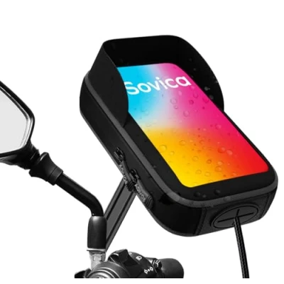 Afbeelding van Mobiele telefoonhouder motorfiets waterdicht met oplaadfunctie, snelladen, beschermhoes, antireflecterend vizier, geldig voor smartphones tot 7 inch, onbreekbaar achteruitkijkspiegelopzetstuk motorfiets,