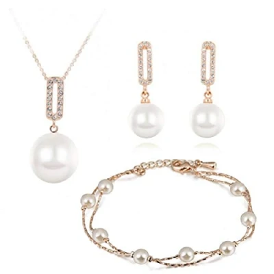 Afbeelding van Crystalline Azuria Gesimuleerde Witte Parels Halsketting Oorbellen Armband voor Vrouwen Bruiloft Party Bruids en Bruidsmeisjesaccessoires 18 kt Roségoud Verguld