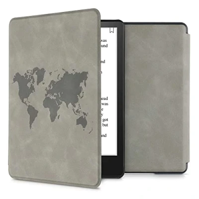Afbeelding van kwmobile e reader hoesje compatibel met Amazon Kindle Paperwhite 11. Generation 2021 Kunstleren ereader cover stand Wereldkaart in grijs