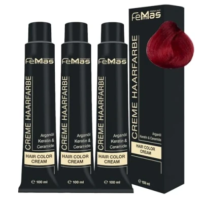 Afbeelding van FemMas Pure &amp; Mix Haarverf, 3 x rood, professionele crème haarverf met arganolie, keratine en ceramiden, als duurzame haarkleuring of tint voor stralende, kleurresultaten, 100 ml