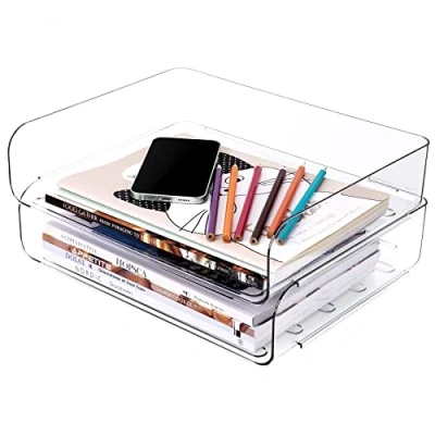 Afbeelding van Tomorotec 2 Pack Bureau Brief Tray Set, A4 Size Clear PET Stapelbare Document Organizer Office Desktop Bestand Papier Houder Boek Opslag Rack Zijbelasting Anti Skid Stapelen Ondersteuning Convexe Bodem Gegroefde Snap