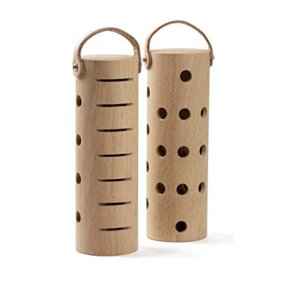 Afbeelding van VOLT by Voggenreiter Tube Shaker Set Percussion Woodshaker Caxixi Hybrid Instrument voor innovatieve geluiden (15 x 5 cm, beukenhout, lederen houder, incl. tas), bruin, 1992123