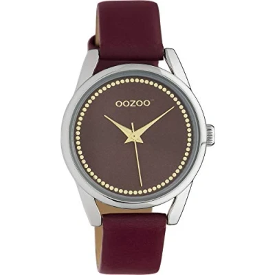 Afbeelding van OOZOO Timepieces Zilverkleurige horloge met bordeaux rode leren band JR310