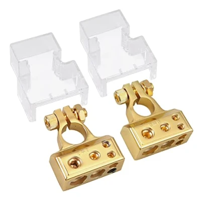 Afbeelding van AUTOUTLET 2 stuks batterijklem, accuklem, 2/4/8/8 AWG autoaccuklemmen, positieve en negatieve accuterminal, aansluitstekker, met afdekking, goud