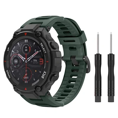 Afbeelding van MoKo Strap Compatible with Amazfit T Rex/T Rex Pro Smartwatch, Soft Silicone Sports Replacement Watch Band Waterproof Breathable Wristband Bracelet Tools, Olive Green