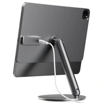 Afbeelding van LULULOOK Magnetische houder voor iPad Pro 13 inch M4, [18 W snel opladen], van aluminiumlegering, opvouwbaar en 360 graden draaibare basis, sterk, magnetisch, ophanging, houder, met USB C kabel